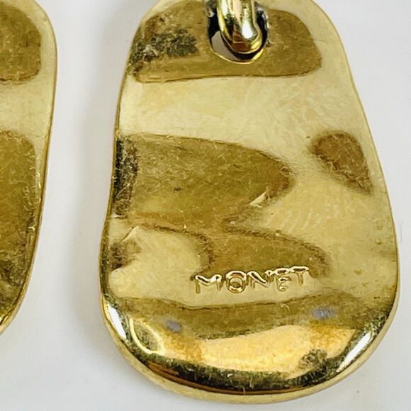Vintage Monet Hammered Gold Tone Drop Earrings 1.25" Abstract Dangle Signed - Picture 4 of 6